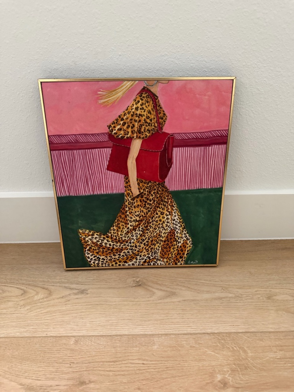 Leopard Print Woman with Red Bag Wall Art - Pink & Green